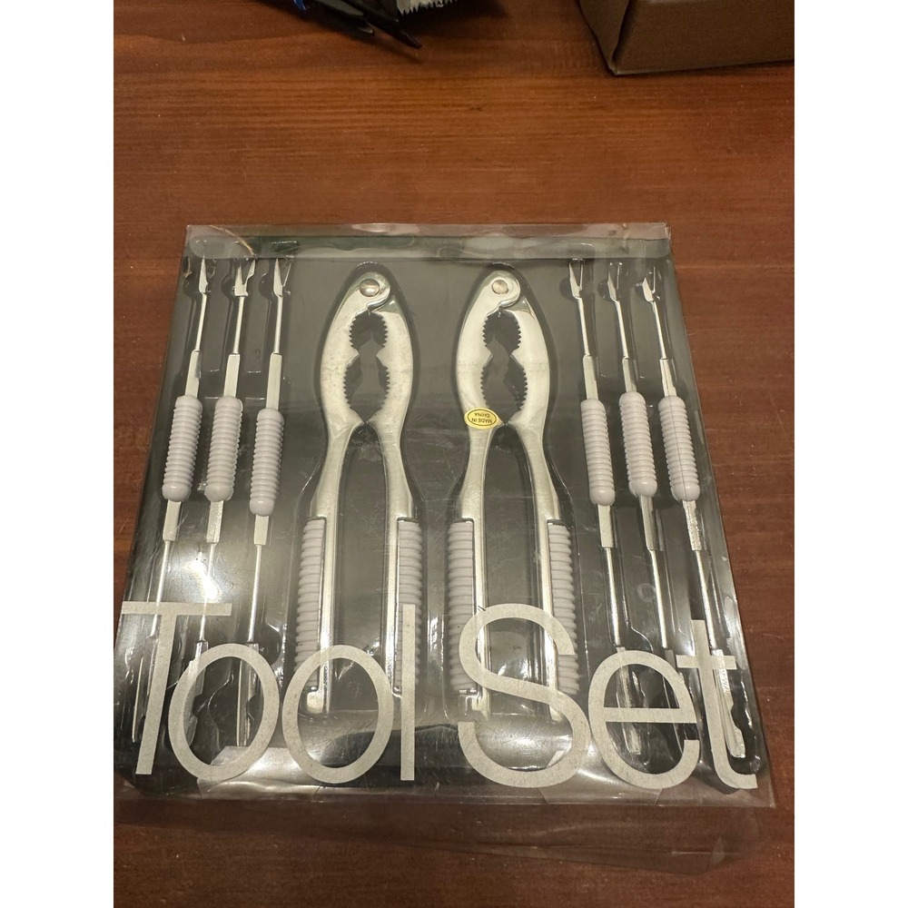 Nantucket Seafood Tool Set 8 Piece Chrome Crackers Stainless Forks White Handles
